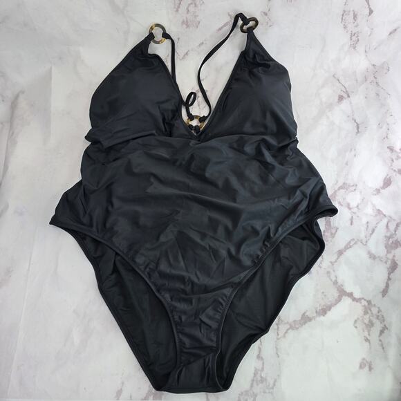 J Crew One Piece Black Plunge V Ruched Bikini Moderate O Ring Swim Suit - Picture 1 of 13